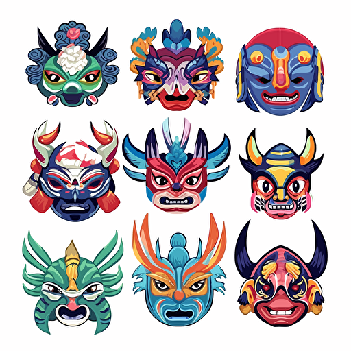 assorted group of azuki masks, illustration, flat art, vectorized