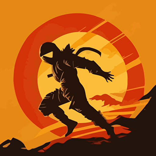 vector poster, ninja, roundhouse kick, in front of large sun background v 5