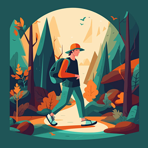 A young man skater walking through the forest, flat illustration, illustration vector, vector illustration