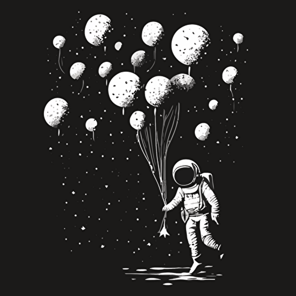 a simple monotone vector illustration of an astronaut being lifted up into space by a bunch of planets on strings that resemble helium balloons. DO Camera: Dreamy DO Film Types: Fantasy DO Lens Sizes: Macro Lens Filters: Starburst Camera Settings: Aperture