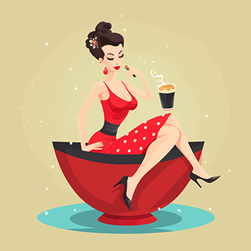 Pin up girl sitting in a cup of coffee, vector flat, PNG, SVG, vector illustration
