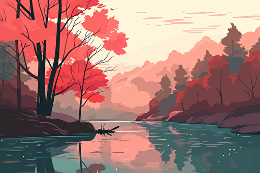 vector illustration of a quiet pond in a forest with a red tree