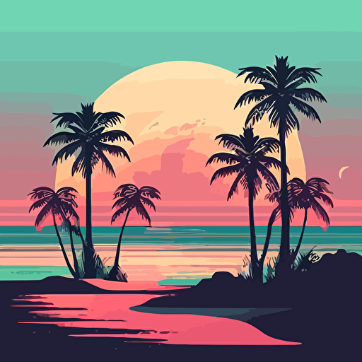vector, illustration, minimalistic, sundown, beach, palms, ocean, 80‘s, pastel colors