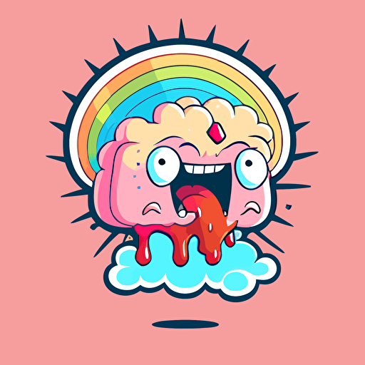pink brain. the cerebrum should be in 2d vector. cute. dribbling rainbow out of the mouth on the brain. in the style of adventure time. cute white eyes at the front of the brain