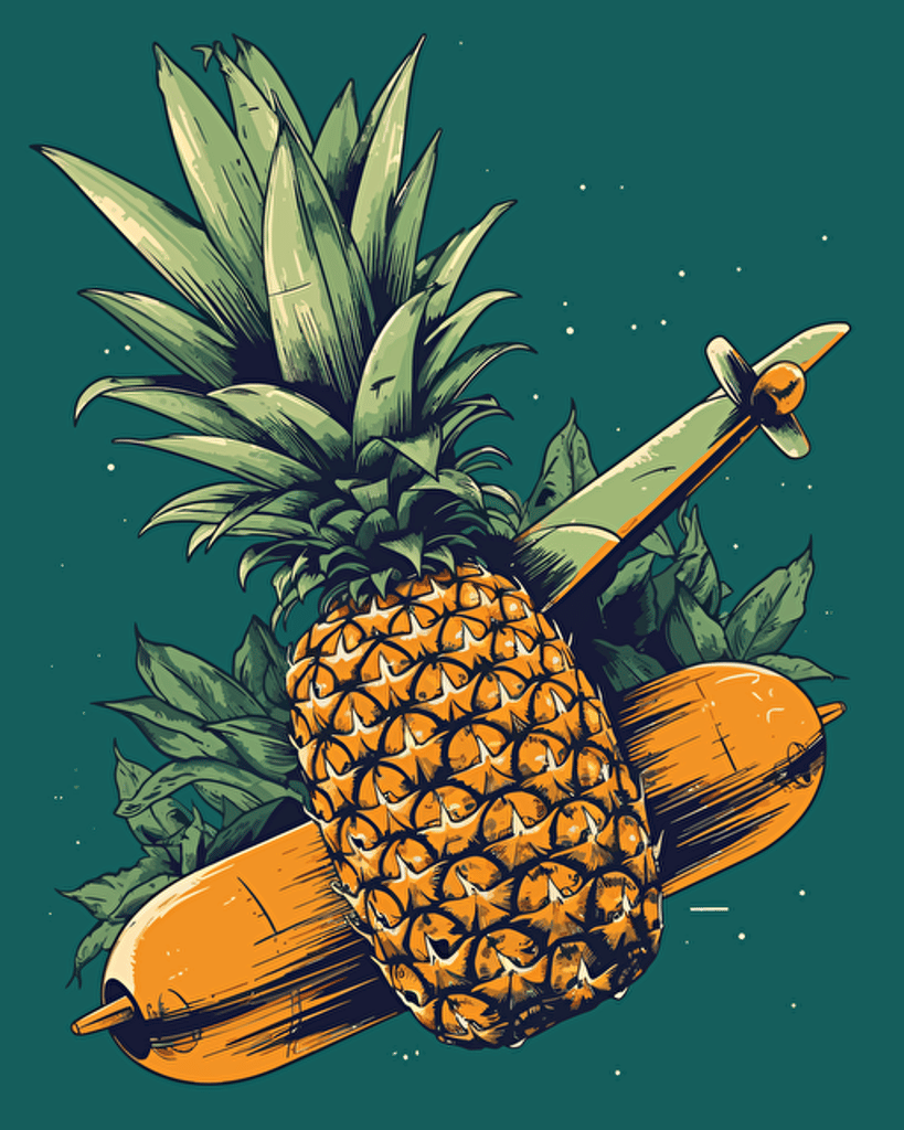 ananas aeroplane, retro aesthetics, vector image, sticker design, pantone color scheme: 12-1706 TCX, 12-0824 TCX, 15-0146 TCX, 15-1164 TCX, 16-6340 TCX, 17-4247 TCX, 18-2043 TCX, 19-6026 TCX. The final piece should exude a warm, holiday-like ambiance.