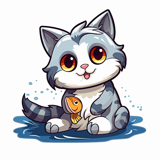 cute cat eating fish, in Cartoon Style, vector , borders for a Sticker