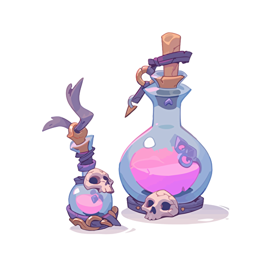 Single vector icon, white background, rpg dagger and potion bottle in purple circle, rtx on