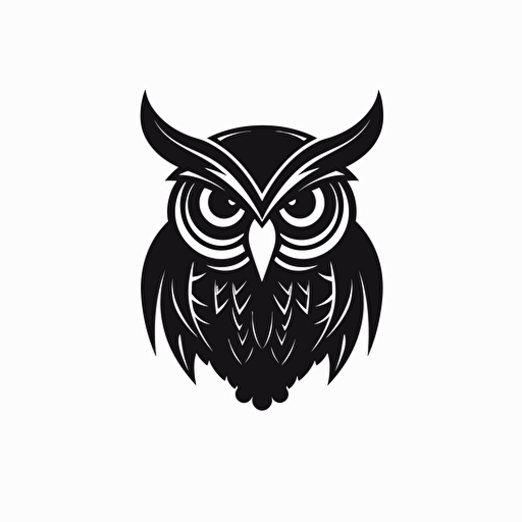 Owl, logo, black color, in the style of minimalist, vector, minimalist, icon, simple, logo technique, comic vector illustration style, flat design, minimalist icon, flat, adobe illustrator, white background