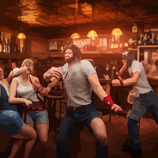 photo bar fight inside pub cosplayers leica detailed faces accurate faces 4k 3d render hyperrealism editorial photorealistic crisp details sharp focus wide angle lens octane render caustics