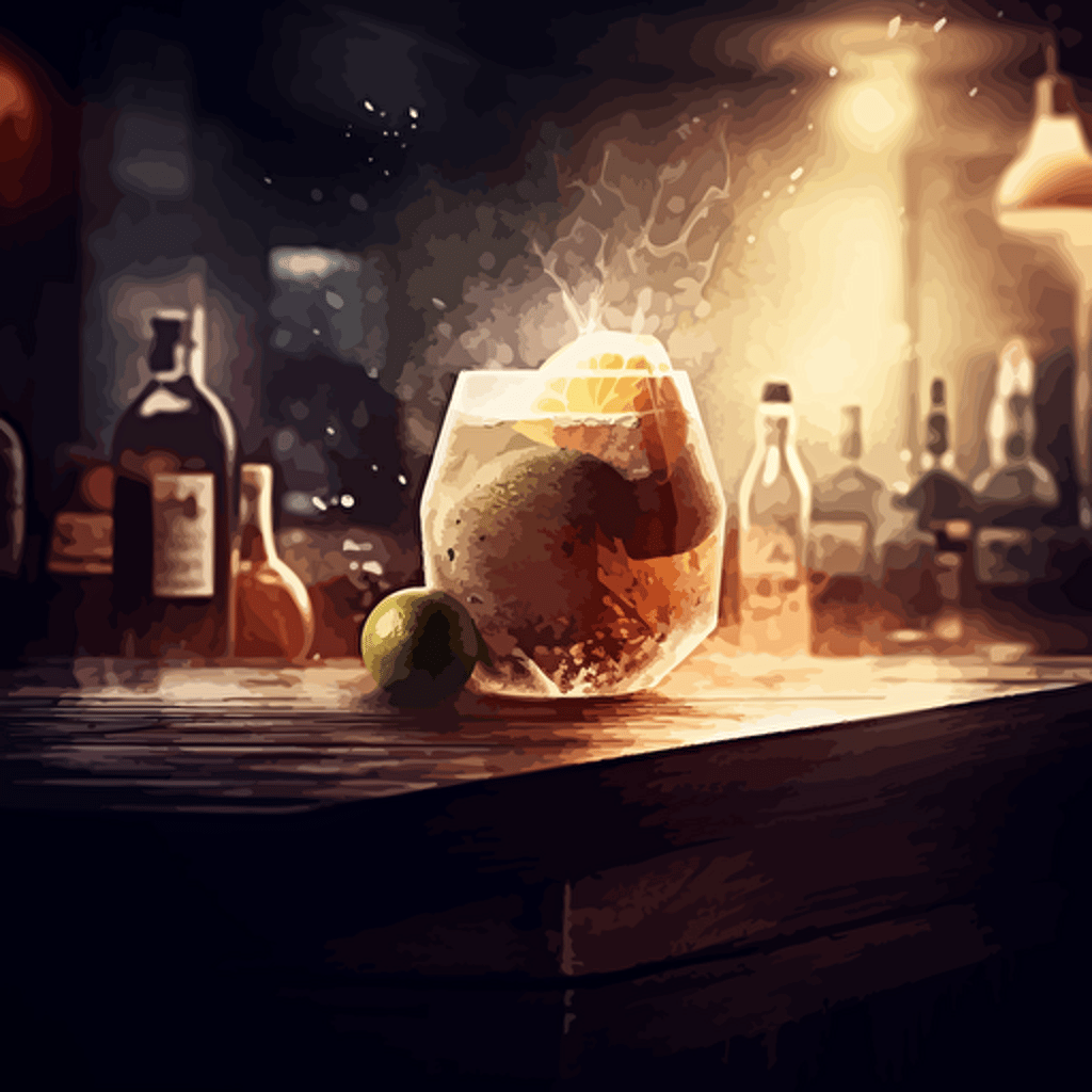 one juicy fruit at the bar couter, analog, smoky, distorted, abstract, fantasy scene, dimmed lights, depth of field, rough, textured, grainy, dusty, vector