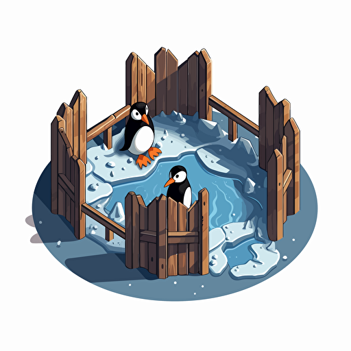 isometric cartoon vector style image of an icy penguin enclosure, melted, broken wooden fense, only one penguin