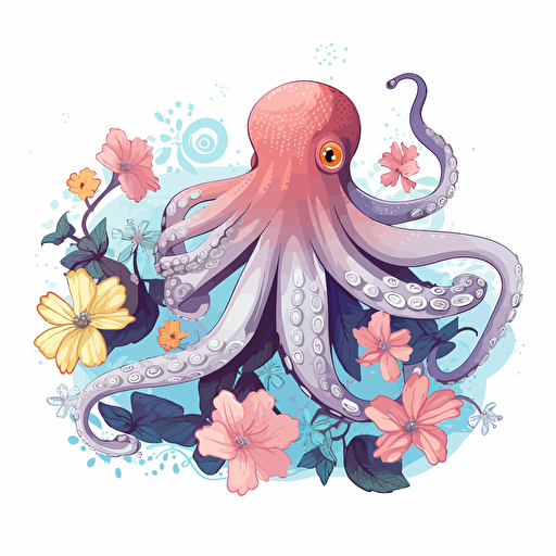 octopus, detailed, cartoon style, 2d clipart vector, creative and imaginative, floral, hd, white background