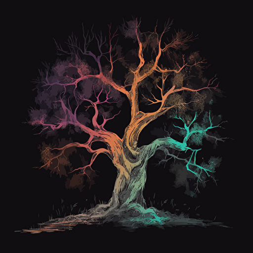 an old lonely tree on black background, pastel colors, 2d vector