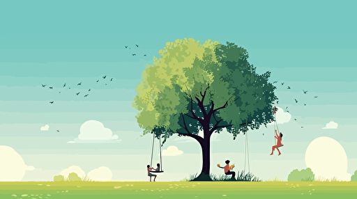 simple, big, beautiful, green tree with a girl on the swing and parents standing looking, blue sky, vector ilustration