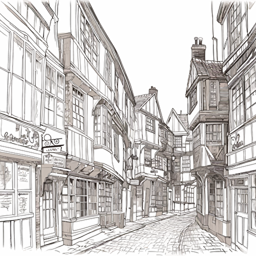 york shambles the style of a single line drawing, Vector, white background, masterpiece,