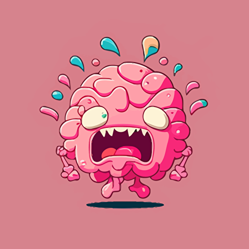 a pink Cerebrum with the wrinkles. the cerebrum should be in 2d vector. cute. mouth dribbling rainbow out of the mouth downwards. in the style of adventure time. cute white eyes at the front of the brain. the brain should be high on drugs