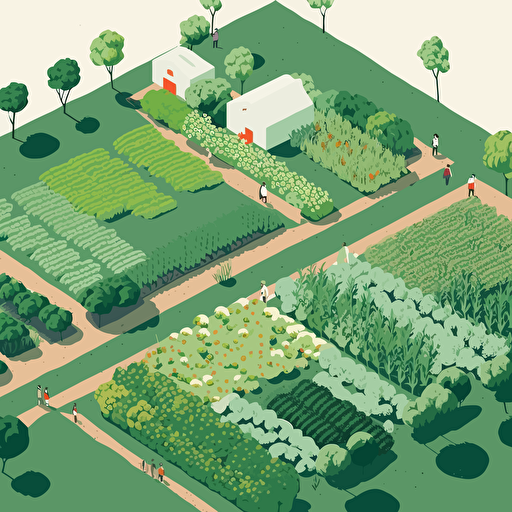 a farm with green vegetables, art design by Masaaki Yuasa, camera symmetry by wes anderson, Illustration, minimalism, vector quality, white background, camera angle from above, shadows