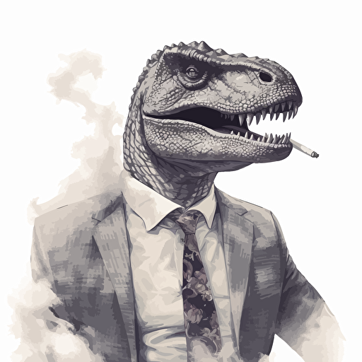 t-rex smoking a cigarette, wearing a business suit, vector art, 2d, grey tones