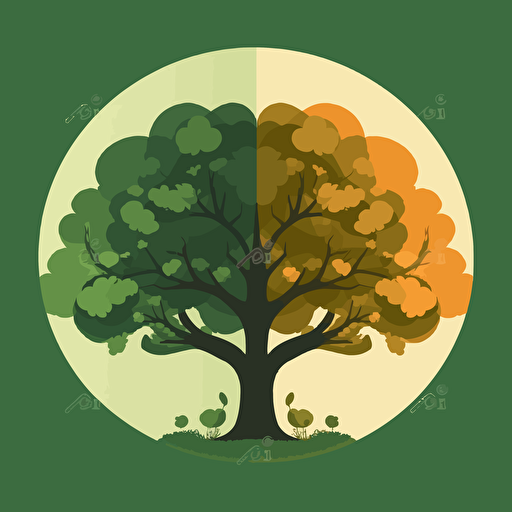 3 color symbol logo of two different size oak trees side by side, it has to be geometrical, simple, elegant, green color palette, dartk #444654 background, design is vector style,