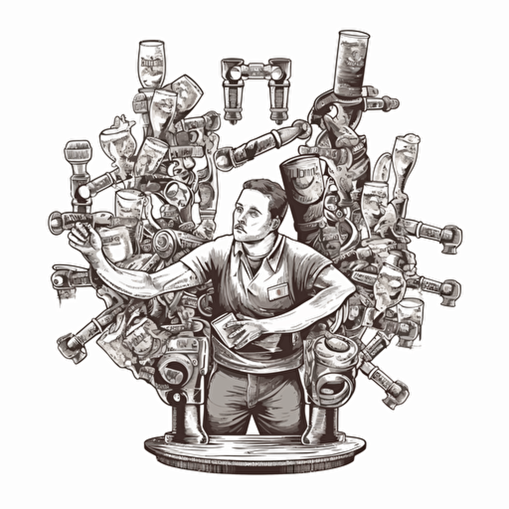 vector logo, a multi-armed bartender, using all of his arms to pull every beer tap, lots of beer taps, pouring a lot of beer, fantasy art, black and white logo art, no background,