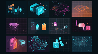 Generative AI impacting a variety of different industries. Vector art. AI moving from the left hand side, into a variety of squares representing different use cases on the right hand side.
