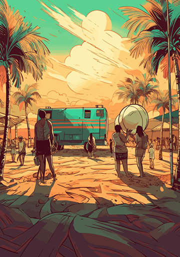 a beach volleyball on the sand of the beach with a big Soundsystem under palm trees behind, colorful, manga style, vectorization, music festival