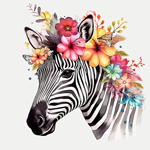 zebra, floral, detailed, cartoon style, 2d watercolor clipart vector, creative and imaginative, hd, white background
