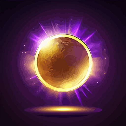 Gold coin icon. Magical glowing around. Bright and voluminous, vector. Purple background