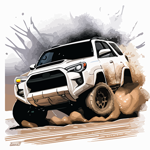 front view of a white Toyota 4Runner, 5th generation 4runner, illustration type, clean, vector image, big wheels, lifted truck, wheels spinning, dirt being thrown from tires, dirt, off road, 4 wheeling, 4x4