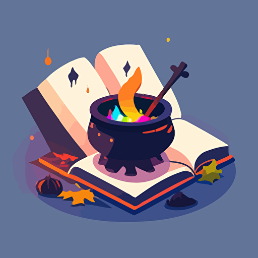 simplistic flat vector illustration magical witch cauldron spellbook candle witchy