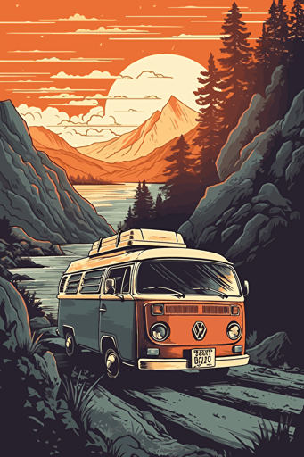 Create an illustration for paintings with a travel and adventure theme that inspire people to get out of their comfort zone and explore the world. Include a vw motor home. The illustration should be suitable for hanging in a room of any age, vector quality
