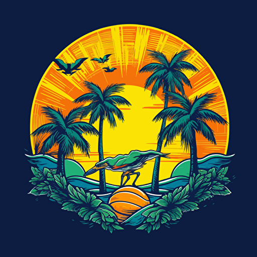 vector, nba logo, palm trees and an ocean background with a sun, turtle, basketball, birds, brazilian, tropical theme, with no text, green, blue, yellow, closed shape