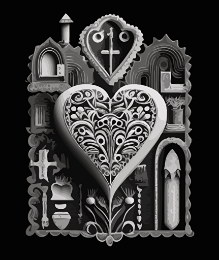 heart ornaments in vector, in the style of grayson perry, black and white film, reimagined religious art, josé ladrönn, moche art, artist's frame, mayan art and architecture