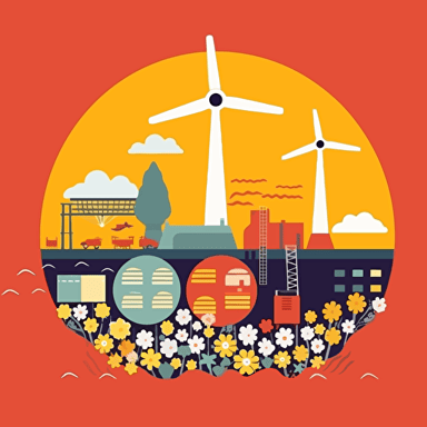 Inspiring image of clean nuclear energy: Construct a minimal, yet spirited image for a presentation on new nuclear power plants in Sweden and Finland with a focus on sustainability. Use eye-catching colors and elements such as atom symbols, wind turbines, and solar panels. Image style: simple and friendly. Media: vector illustration. Reference artist: Josef Frank.