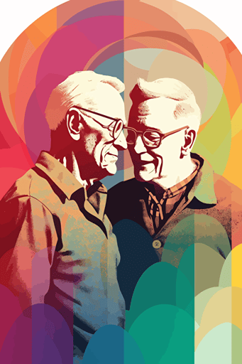 an old picture of a gay couple with colorful vector illustrations over it