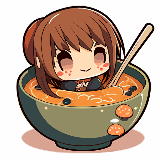 anime girl sitting in a big bowl of miso soup, 2d, vector art, cute, chibi, smiling, happy, mouth open