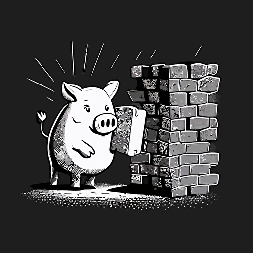 draw black and white minimalistic vectorized sketch of a hog holding a brick and wearing a hard had with an annoyed expression