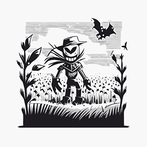 scare crow in feild on farm in style of charles williams, black and white, flat, vector, line drawling, white background ar 1:1
