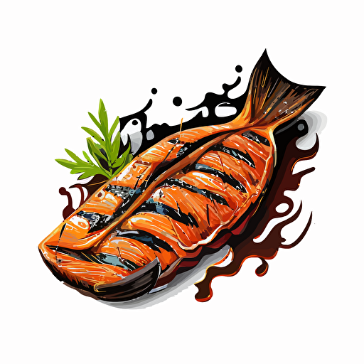 Grilled Salmon digital vector drawing, hand drawn, illustration, white background, no other elements except salmon