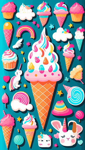Vector style pattern with at least 50 represented objects consisting of unicorns, flamingos, cupcakes and rainbows, clear vector surfaces, colorful,