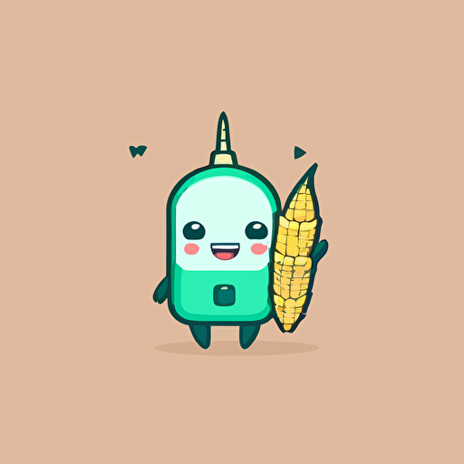 minimalistic flat vector logo of a futuristic cute cartoon corn holding a smartphone