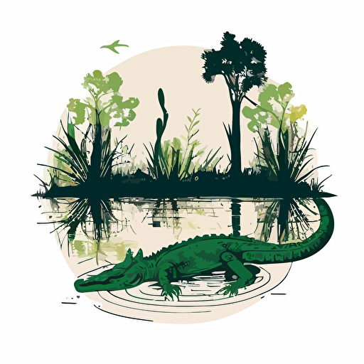 minimalist, bright, emblem of everglades landscape, alligator swimming in water, vector file