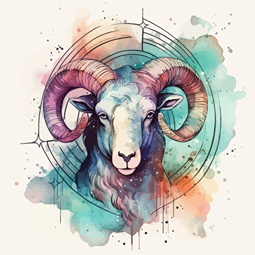vector line drawing of aries symbol, no ram head, with multicolor, watercolor background.