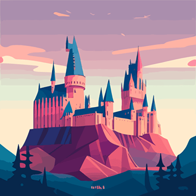 Flat vector art illustration, travel poster featuring, Hogwarts Castle, Pastel blues, purples, and pinks, Wide Angle, no text