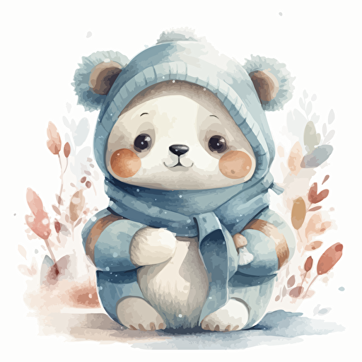 Chinese cute bear winter illustrations detailed, cartoon style, 2d watercolor clipart vector, creative and imaginative, hd, white background