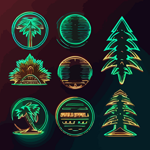 a pine tree shaped coin, outline of coin shaped as a pine tree, Outrun retro logo designs. Neon retro logos. Vaporwave, Retrowave, Synthwave logo templates, Vector retro 80's logos set