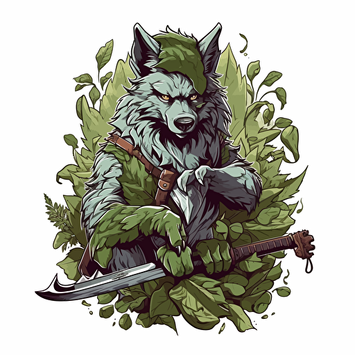 a friendly wolf made of green leaves, holding a dagger in its mouth. White background. Vector art. Digital art.