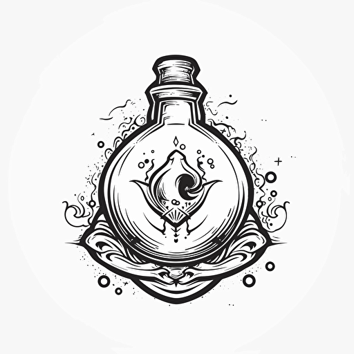 Logo with black outline, white background, cute, Potion bottle in Pixar style, prop design, contour, vector art