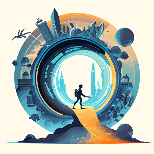 Vector based art of a portal located in a planet leading to a high tech futuristic city and children on flying sticks entering the portal