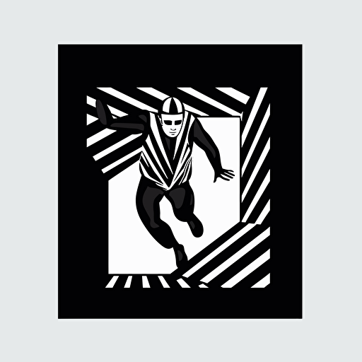 black and white, vector, logo, contortionist man trapped in a square box very tight, 2D top down